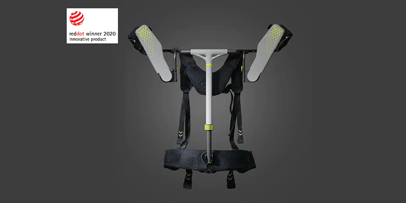 A 3D rendering of the H-MEX exoskeleton suit that would be worn over the users shoulders and around their back.