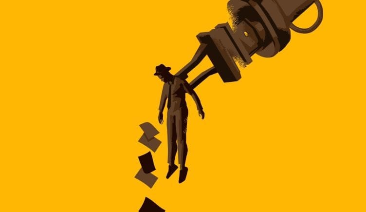 Robot arm picking up man in top hat.